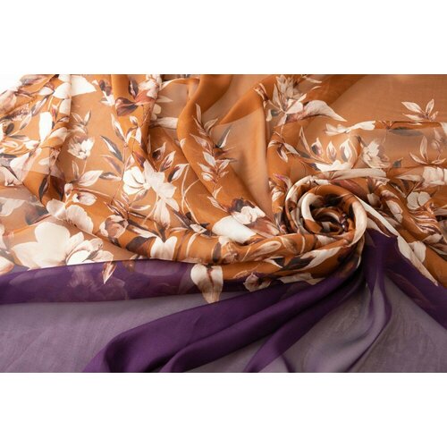 Ткань коричневый шифон с цветами (купон) ткань розовый твил с фиолетовыми цветами купон
