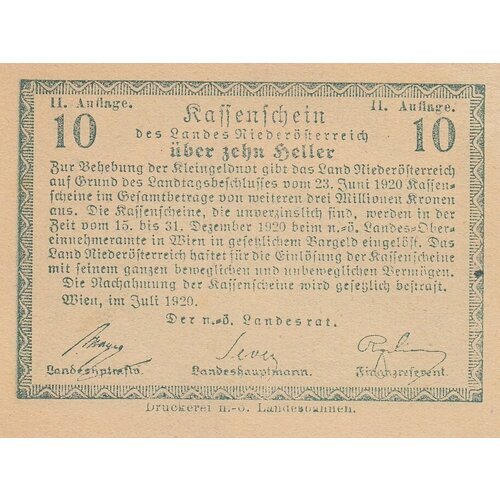 Австрия, Нижняя Австрия 10 геллеров 1920 г. австрия нижняя австрия 10 геллеров 1920 г вид 2 3