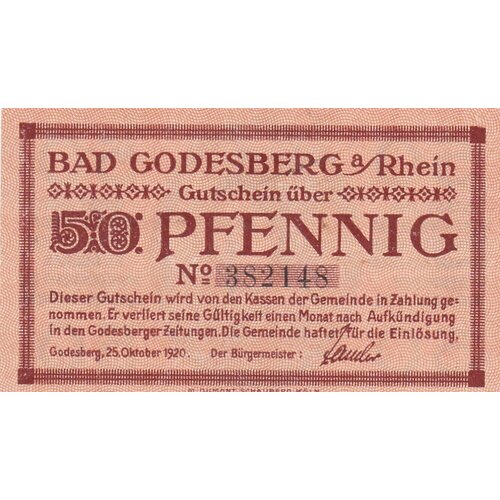 Германия (Веймарская Республика) Бад-Годесберг 50 пфеннигов 1920 г. германия веймарская республика бад мергентхайм 5 пфеннигов 1920 г