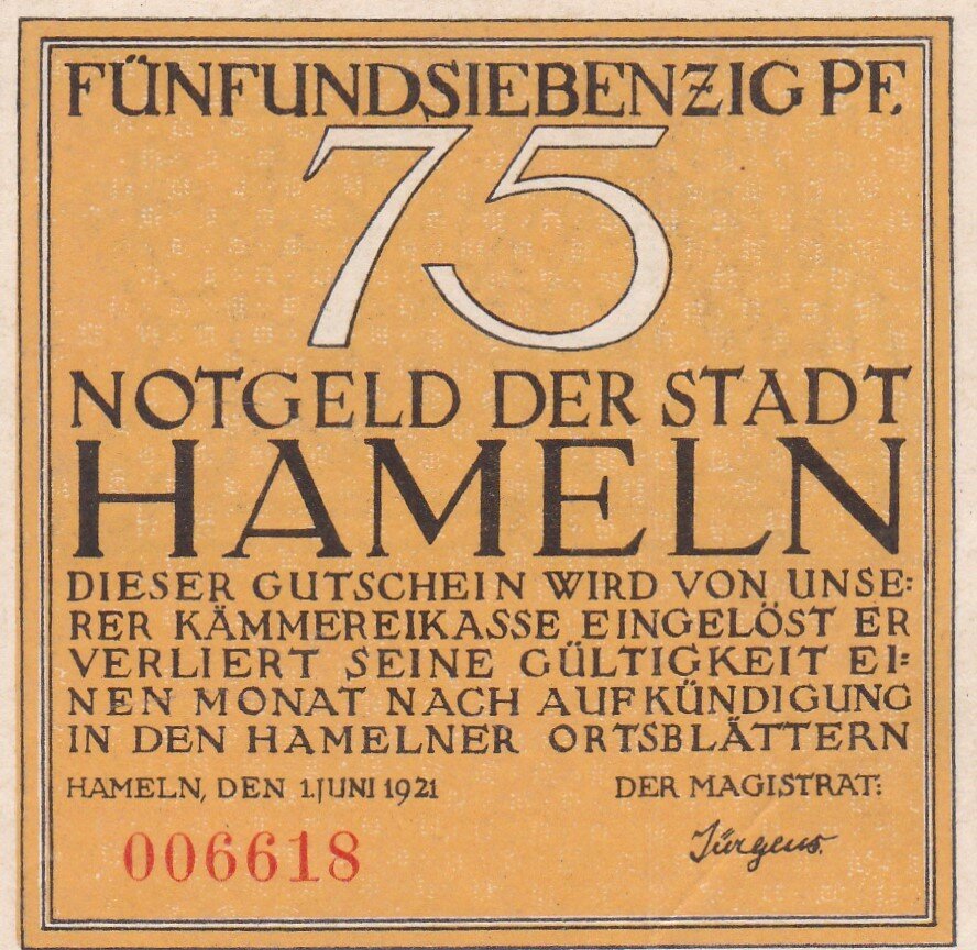 Германия (Веймарская Республика) Хамельн 75 пфеннигов 1921 г. (Вид 2) (2)