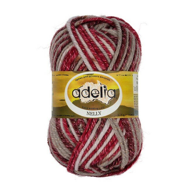 Пряжа Adelia "NELLY", 5 шт. по 100 г, набор, 70% шерсть, 30% акрил 100 м №31 св.серый-серо-бежевый-т.красный-бордовый-люрекс
