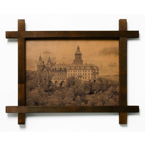 Картина Замок Ксенж, гравировка на натуральной коже, интерьерная для украшения и декора на стену в деревянной раме, подарок, BoomGift