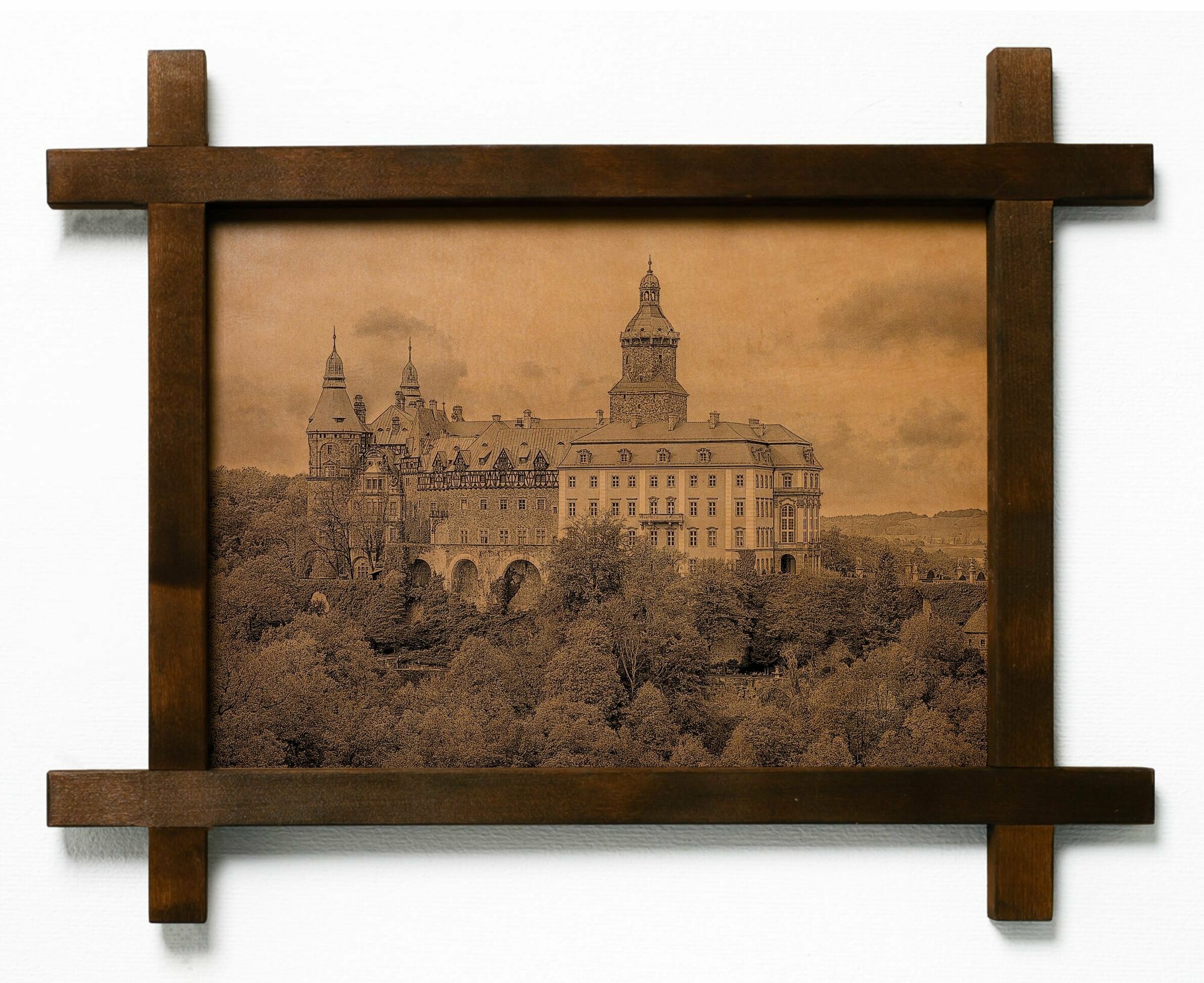 Картина Замок Ксенж, гравировка на натуральной коже, интерьерная для украшения и декора на стену в деревянной раме, подарок, BoomGift
