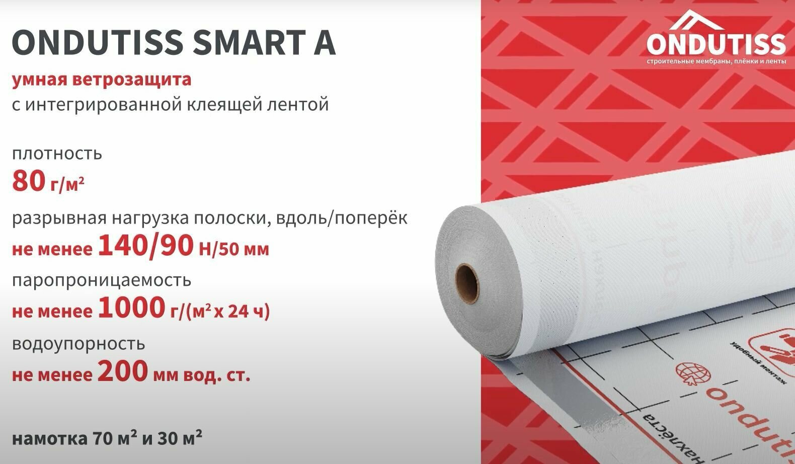 Влаго-ветрозащита ондутис Smart А (70м2) ONDUTISS изоляционная пленка для стен и перекрытий