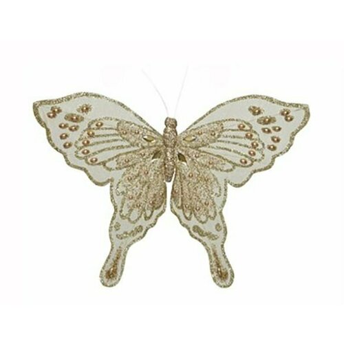 Декоративная Бабочка воздушный перламутр с заострёнными крылышками, на клипсе, полиэстер, шампань, 27х21 см, Kaemingk (Decoris) 521109-2