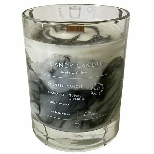 Свеча ароматическая Candy Candle, табак и ваниль, черный мрамор, 180 мл