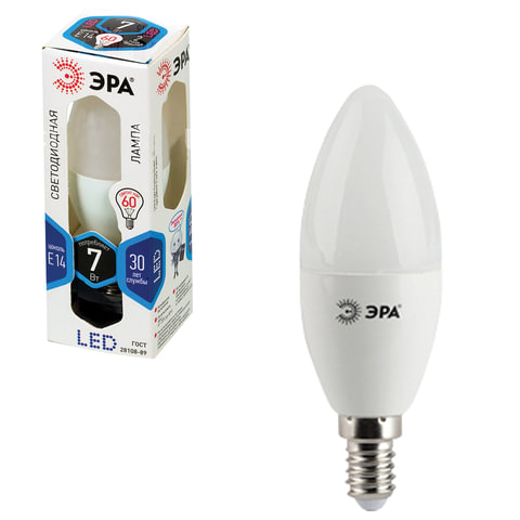 Лампа светодиодная ЭРА, 7 (60) Вт, цоколь E14, "свеча", холодный белый свет, 30000 ч, LED smdB35-7w-840-E14