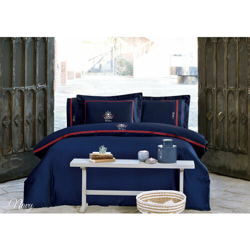 Постельное белье из сатина де Люкс Navy Nakisli синий-красный Tivolyo (синий-красный), 1,5 спальный (наволочка 50x70)