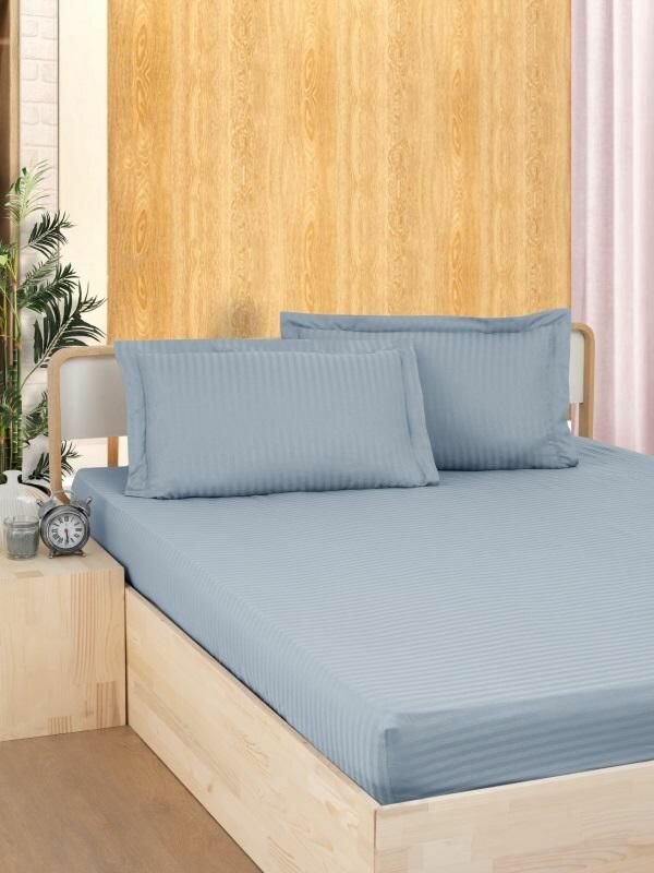 фото Простыня на резинке из страйп-сатина KARVEN P935 индиго 100х200х33 с наволочкой 50х70