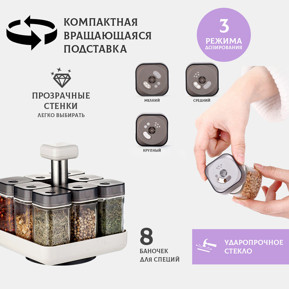 Набор для специй 9 пр Европа вращающаяся подставка стекло/нержавеющая сталь/пластик tr-ksr-sq008 — фото 1