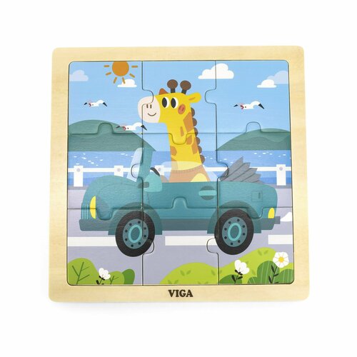 деревянный пазл жираф Развивающие игрушки из дерева Viga Toys Развивающая игра-пазл для детей Жираф на кабриолете (9 элементов) дерево 44629