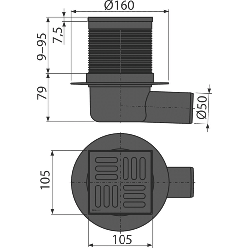 Сливной трап Alcaplast APV31BLACK 105x105/50 бок. подводка, гидрозатвор Smart, решетка черная душевой трап alcaplast 105х105 50 подводка боковая гидрозатвор комбинированный smart черный матовый apv31black