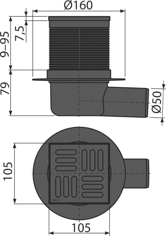 Сливной трап Alcaplast APV31 105x105/50 бок. подводка гидрозатвор Smart решетка нерж. сталь черный