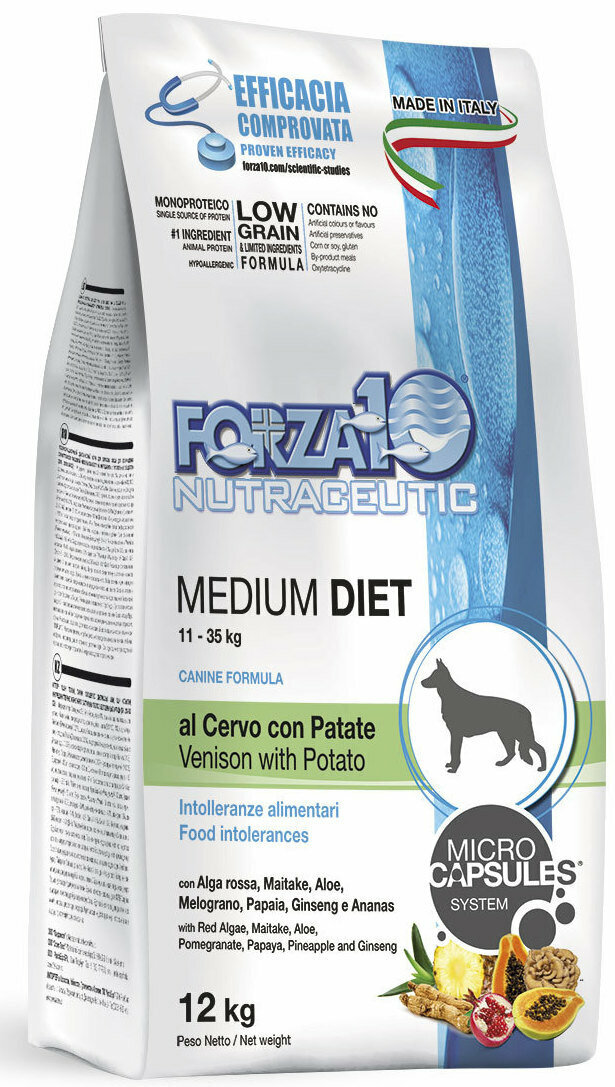 Сухой корм для собак Forza10 Diet Medium при чувствительном пищеварении, гипоаллергенный, оленина с картофелем 12 кг (для средних пород)