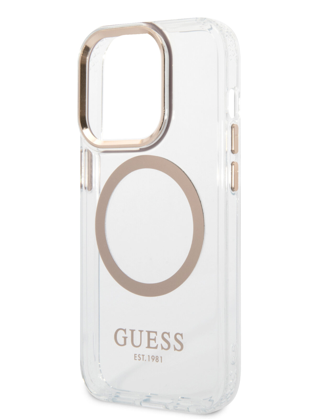 Guess для iPhone 14 Pro Max чехол PC/TPU Metal outline Hard Transparent/Gold (Magsafe)