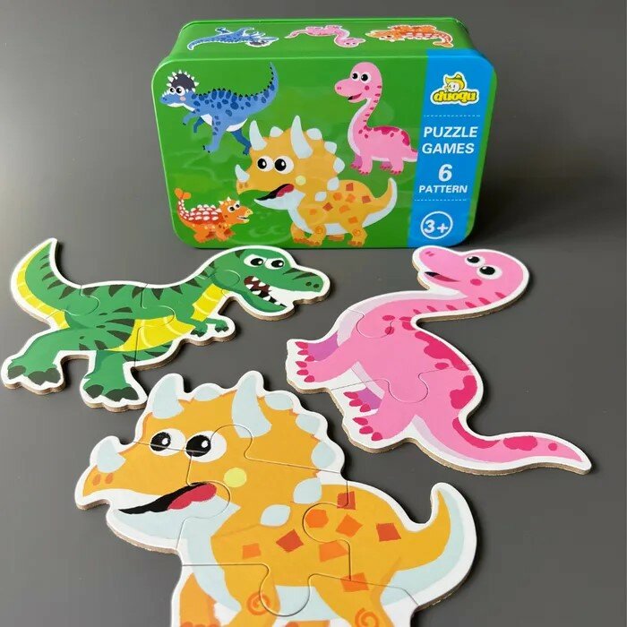 Макси пазлы для малышей в металлической коробке 6 штук в наборе "Динозавры"