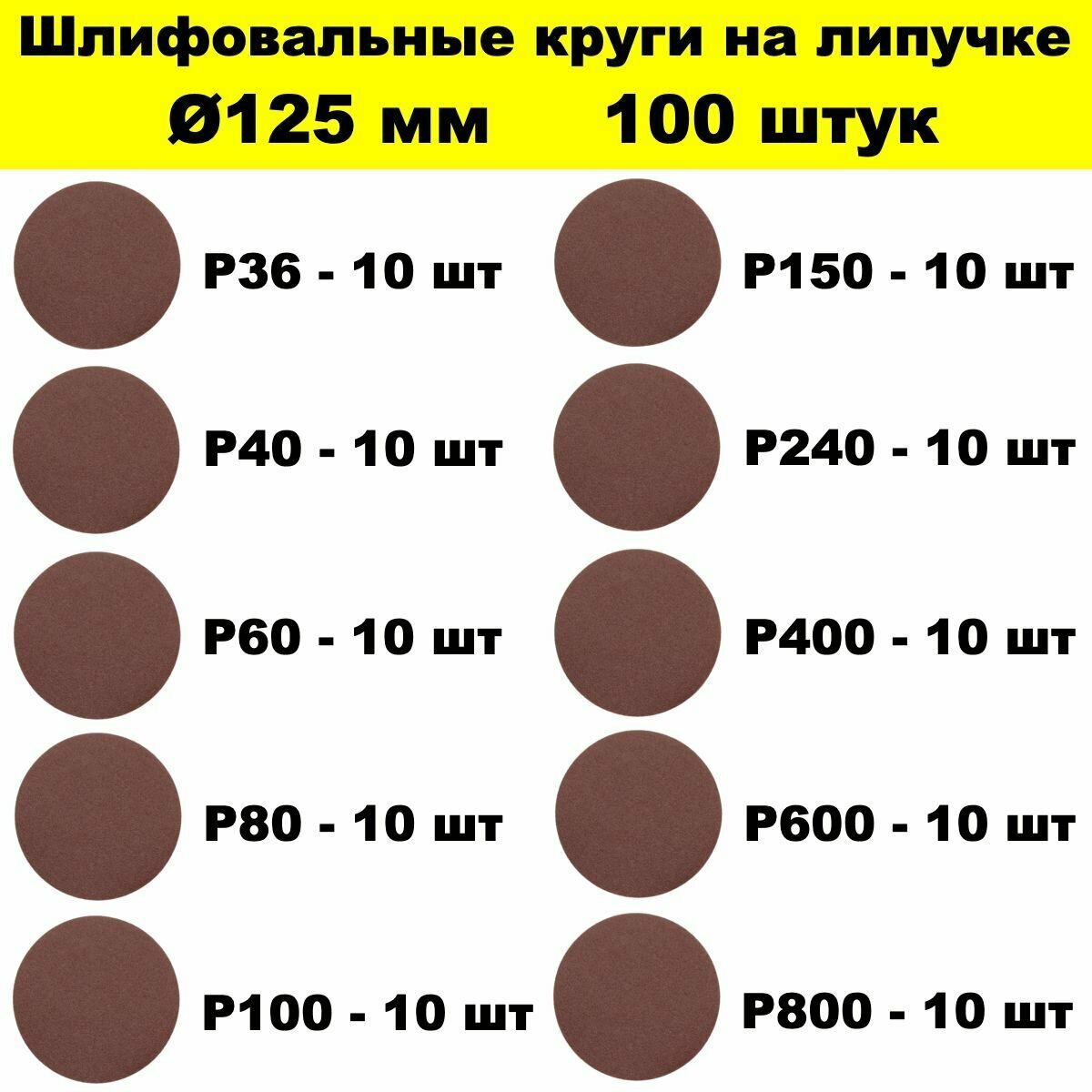 Круг шлифовальный абразивный под липучку 125 мм 10 шт. Р150