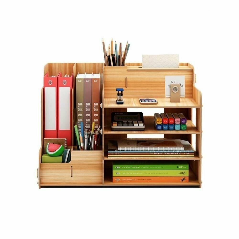 Большая настольная деревянная подставка органайзер для канцелярских принадлежностей, тетрадей, книг, папок, карандашей, ручек, фломастеров