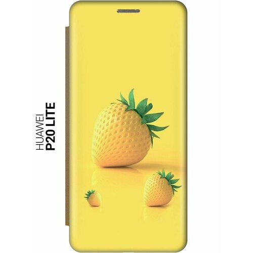 Чехол-книжка на Huawei P20 Lite, Nova 3e, Хуавей П20 Лайт, Нова 3Е c принтом Желтая клубника золотистый чехол книжка на huawei p20 lite nova 3e хуавей п20 лайт нова 3е c принтом желтая клубника золотистый