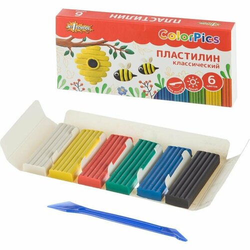 Пластилин 6 цветов №1 School ColorPics, 120г, со стеком, 30 уп.