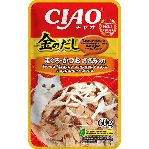 Inaba Ciao Kinnodashi влажный корм для взрослых кошек Тунец Магуро и Тунец Кацуо с куриным филе, в паучах - 60 г х 24 шт