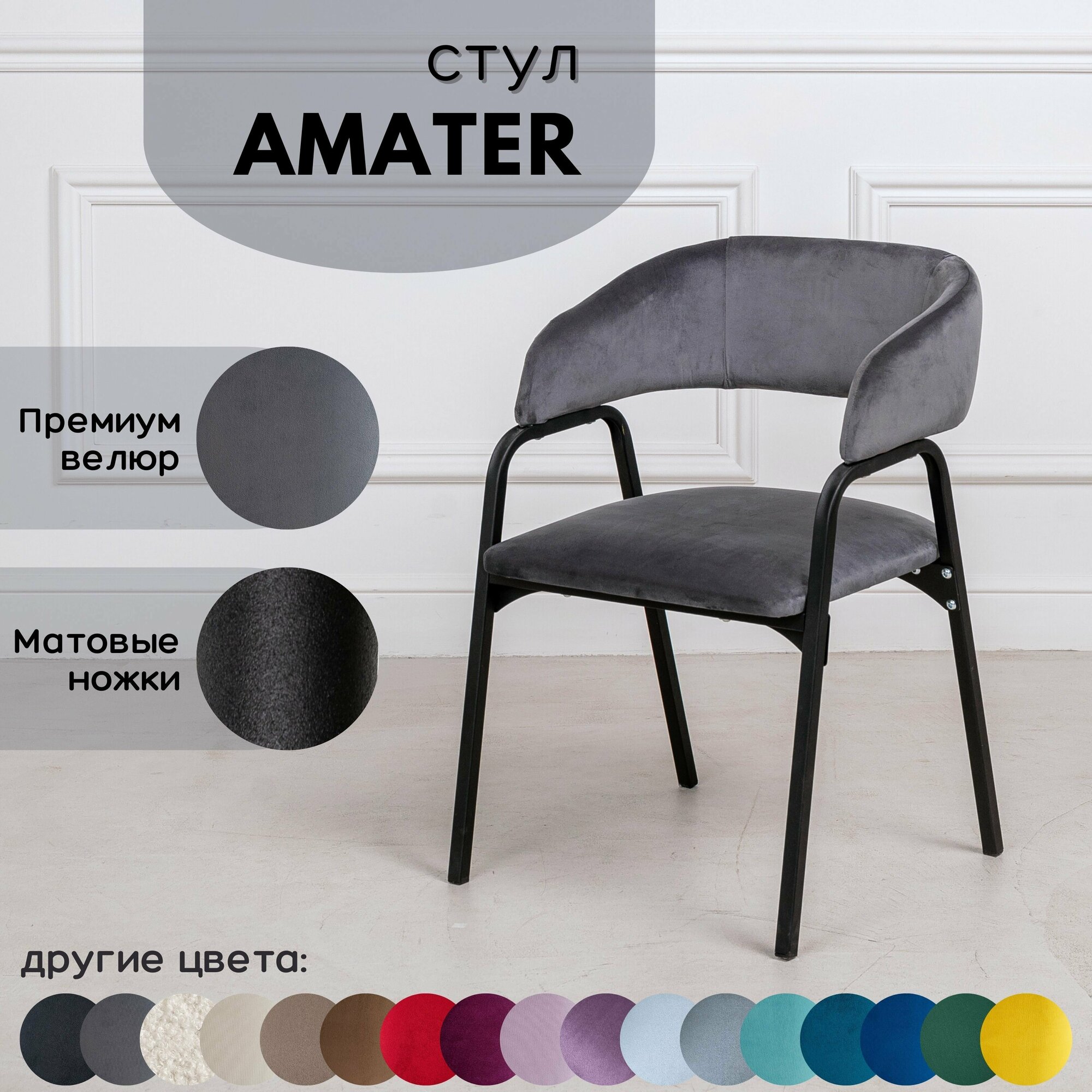 Стулья для кухни STULER chairs Amater 1 шт, Серый велюр черные матовые ножки