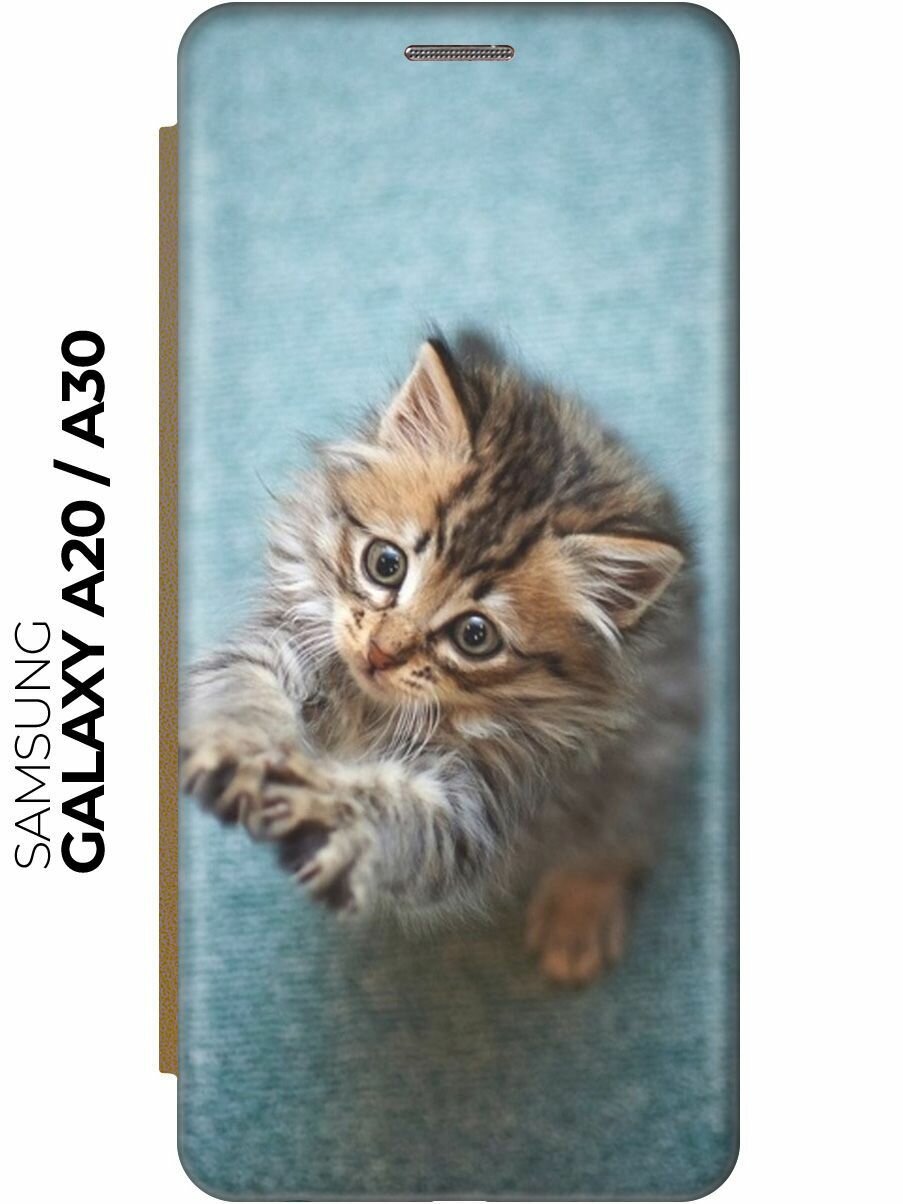 Чехол-книжка Котёнок на голубом на Samsung Galaxy A20 / A30 / Самсунг А20 / А30 золотой
