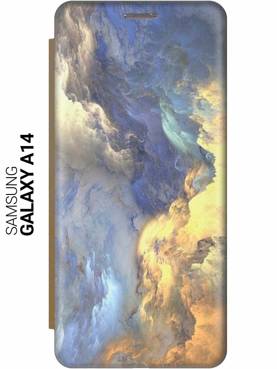 Чехол-книжка на Samsung Galaxy A14, Самсунг А14 c принтом "Желто-синие облака" золотистый