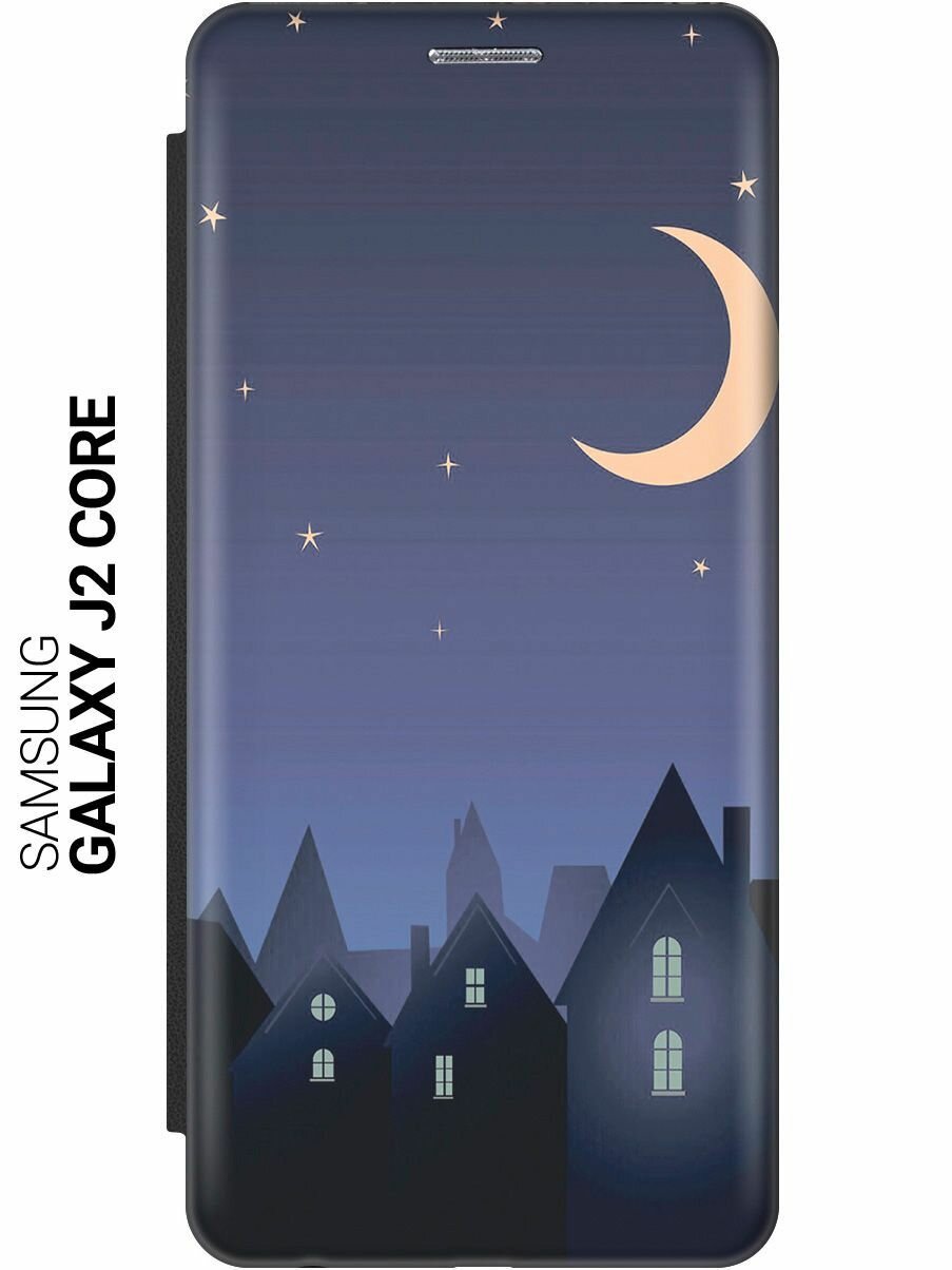 Чехол-книжка на Samsung Galaxy J2 Core / Самсунг Джей 2 Кор c принтом "Месяц над городом" черный