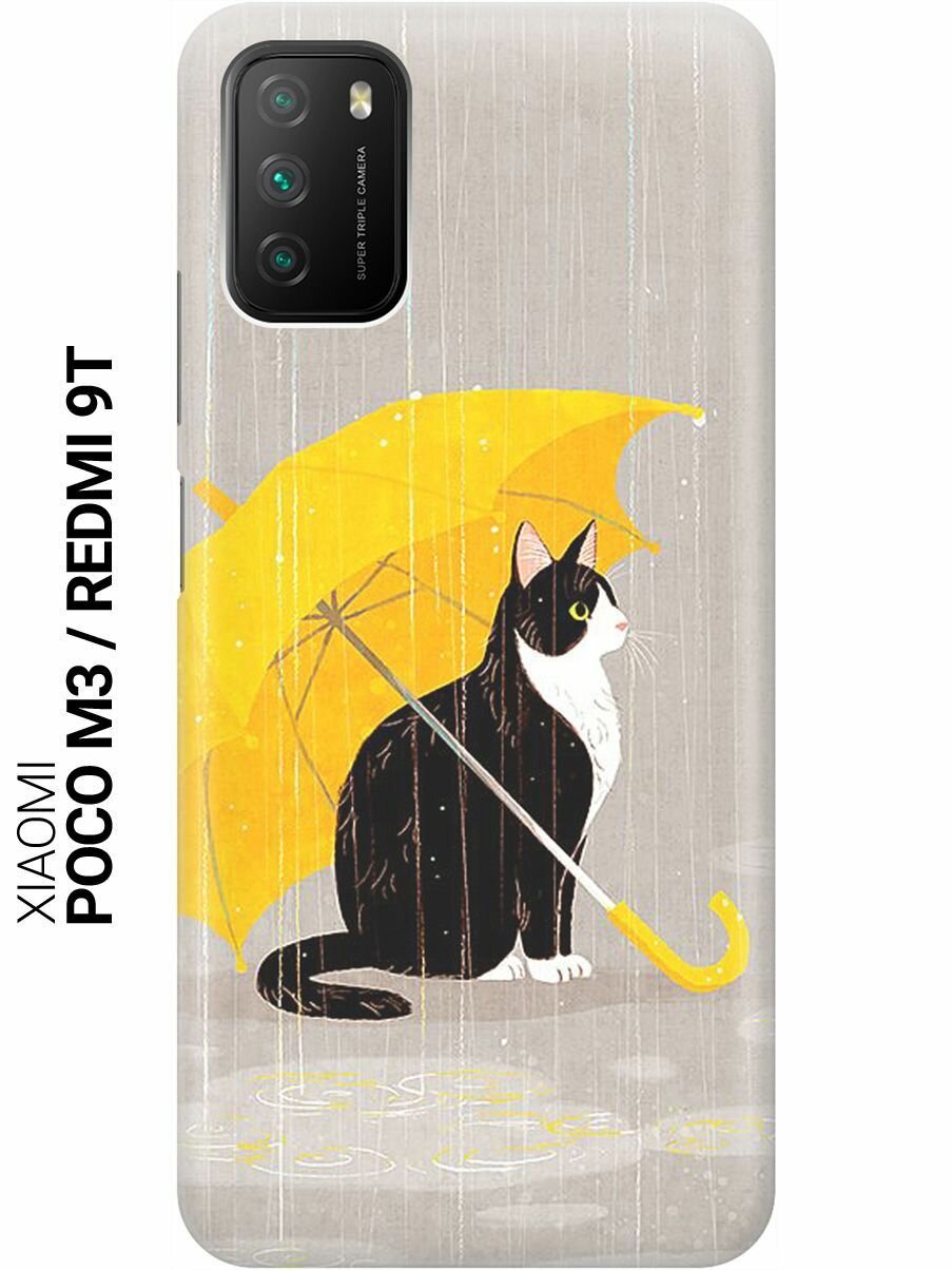 Ультратонкий силиконовый чехол-накладка для Xiaomi Poco M3, Redmi 9T с принтом "Кот с желтым зонтом"