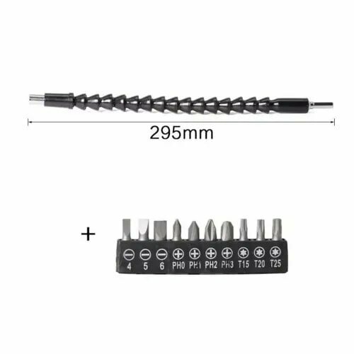 Насадка угловая / Адаптер угловой на дрель / Гибкий удлинитель (переходник) для бит 295мм+ набор бит. гнущийся удлинитель для шуруповерта 300мм гибкий вал для бит гибкий адаптер переходник