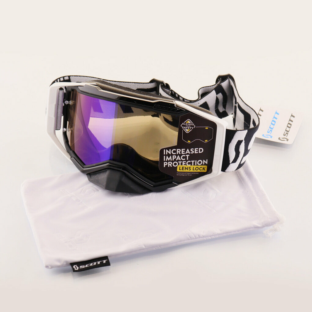 Очки защитные для мотоспорта, горнолыжного спорта, сноубординга, экстремального спорта "SCOTT" (черный-белый, стекло синее, +чехол)