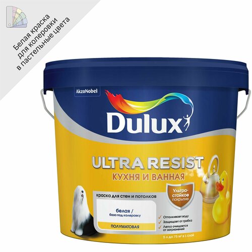 Краска для стен кухни и ванны Dulux Ultra Resist белая база BW 5 л краска dulux ultra resist для детской матовая база bw 5 л