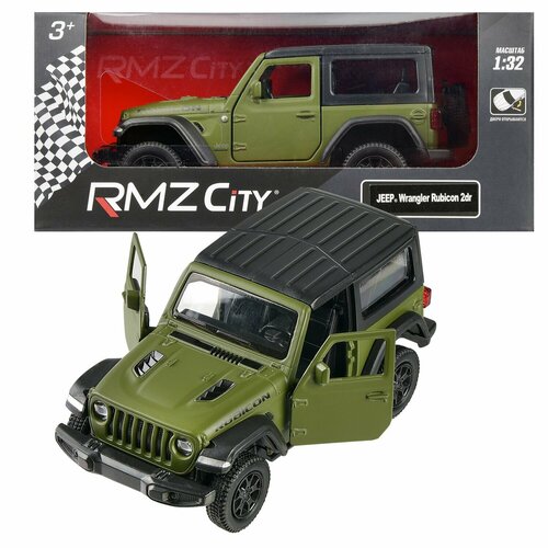 Машина металлическая RMZ City серия 1:32 Jeep Rubicon 2021 закрытый верх, инерционный механизм, зеленый матовый цвет, двери открываются. машина металлическая rmz city 1 32 jeep wrangler rubicon 2021 красный цвет двери открываются