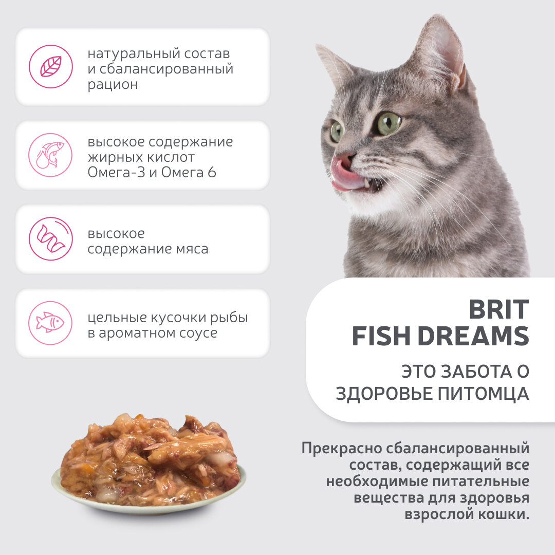 Влажный корм для кошек Brit Care тунец, морковь и горошек 12 шт. х 80 г (мини-филе) консервы (Fish Dreams) - фотография № 12