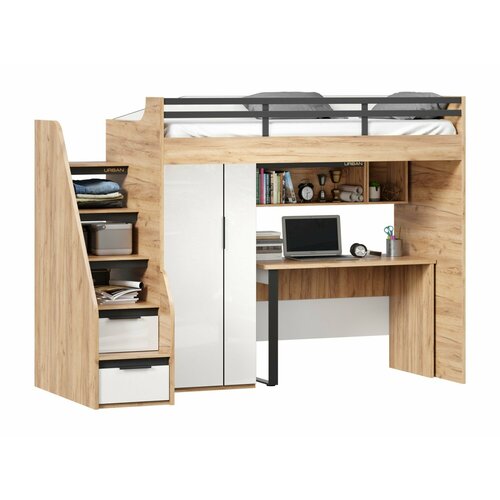 Урбан Кровать-чердак, стол письменный со шкафом для одежды и полками (правая Дуб Золотой/Белый)
