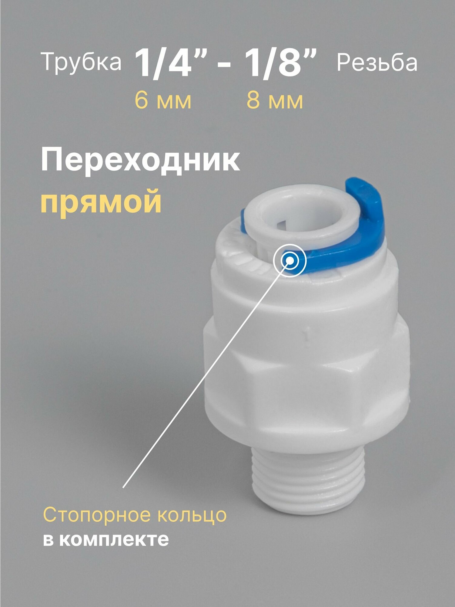 Переходник фитинг пластиковый прямой для фильтра трубка 1/4" - 1/8" наружная резьба обратный осмос цанга сантехническое соединение