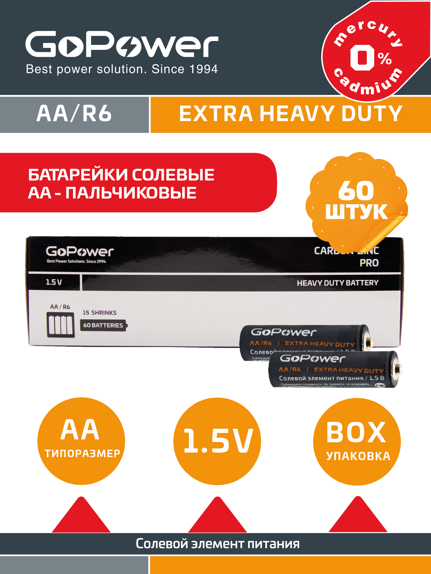 Батарейка GoPower R6 AA Shrink 4 Heavy Duty 1.5V - упаковка 60 шт.