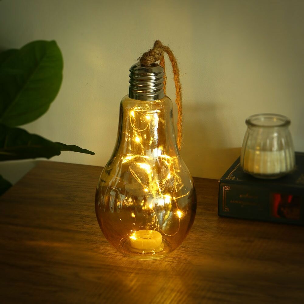 Светильник Лампочка на веревке, стиль лофт 10х10х20 см, Желтое стекло - фотография № 3