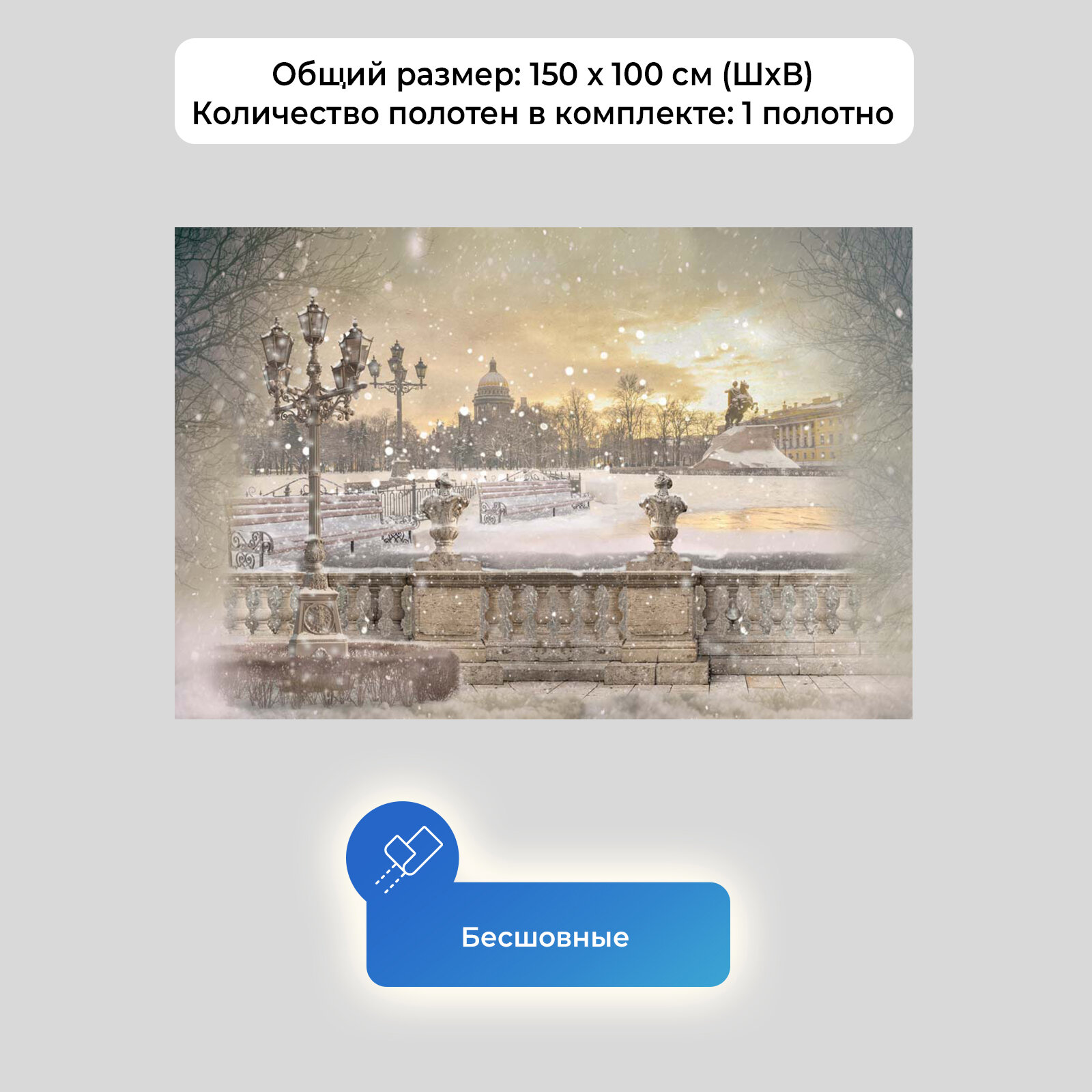Фотообои на стену первое ателье "Санкт-Петербург зимой, вид с набережной на Медного Всадника" 150х100 см (ШхВ), флизелиновые Premium