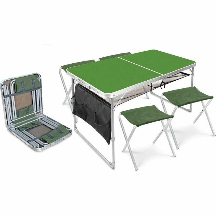 Комплект мебели: стол склад. пластик+навес. полка+4 скл. стула "Ника" хаки-хаки ССТ-К3/2