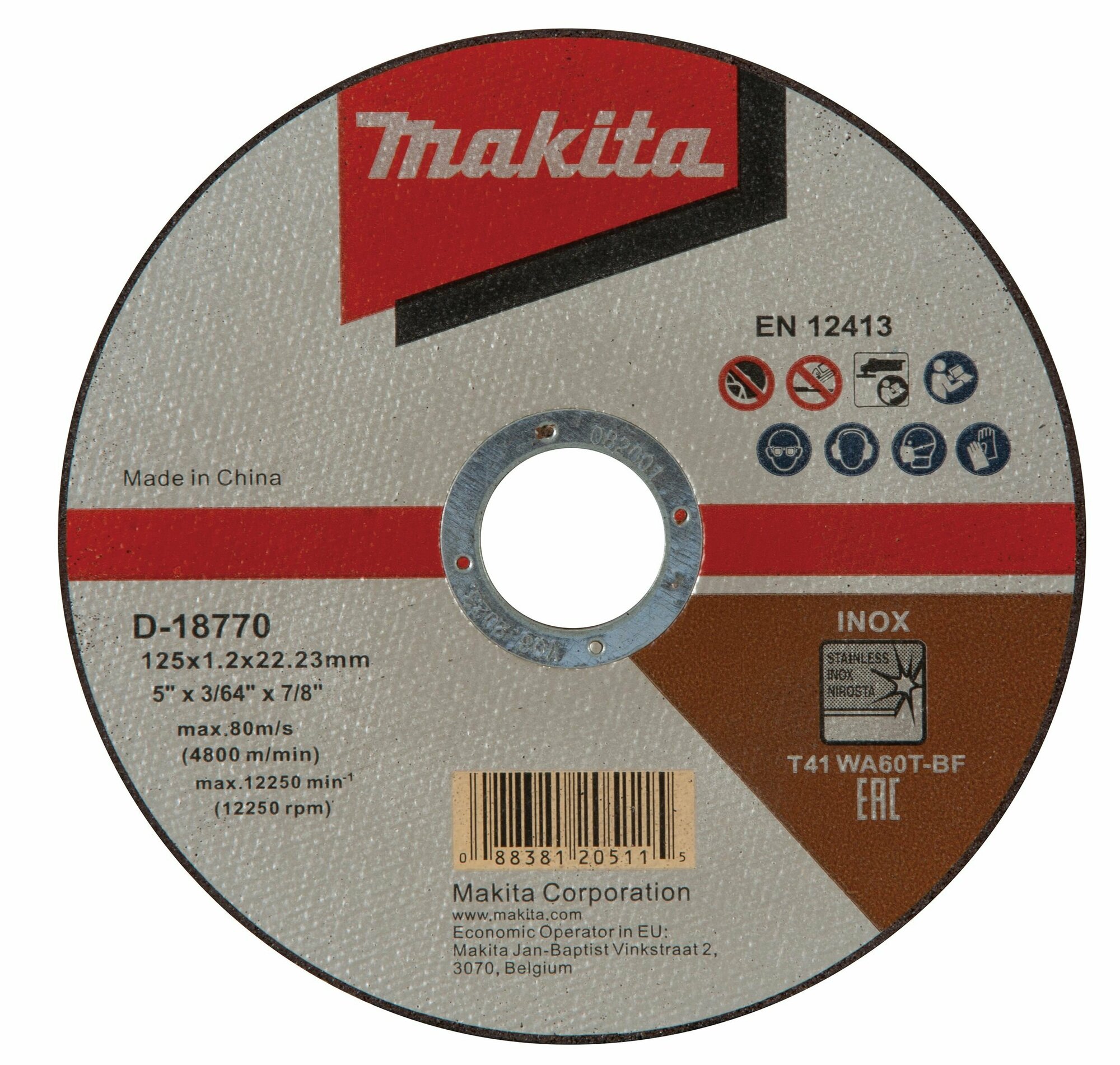Абразивный отрезной диск для нержавеющей стали плоский WA60T 125х1,2х22,23 Makita D-18770