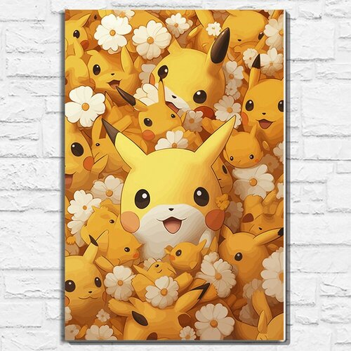 Картина по номерам на холсте аниме покемоны (Пикачу, цветы, pikachu, покебол) - 12566 В 60x40