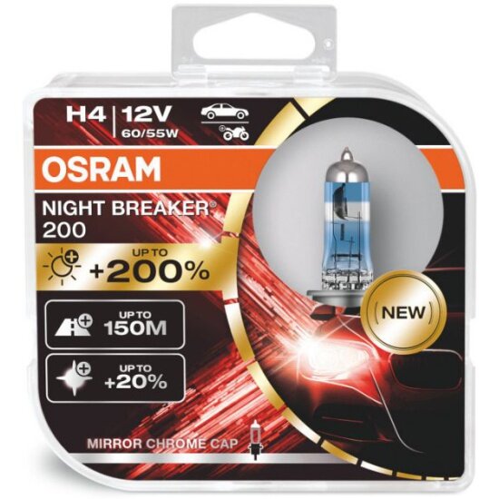 Лампа галогенная Osram Night Breaker 200 H4 (60/55W) P43t 4050К 12V, (бл. 2шт)