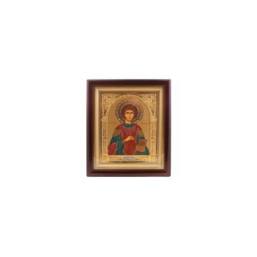 Икона в киоте 15х19 сложный, темпера, венчик, рамка фигур, зол. Пантелеимон золотой фон #117733