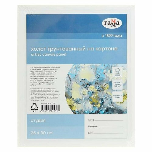 Холст на картоне 25 х 30 см, хлопок 100%, акриловый грунт, мелкозернистый, Студия (комплект из 10 шт)