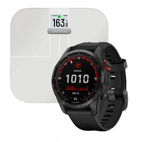 Garmin Комплект Fenix 7s Solar серый с черным силиконовым ремешком и весы Index S2 белые 13155900₽
