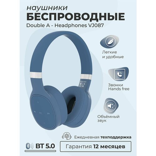 Наушники беспроводные накладные большие полноразмерные Double A VJ087 с микрофоном и шумоподавлением для телефона телевизора и компьютера голубые 349000₽
