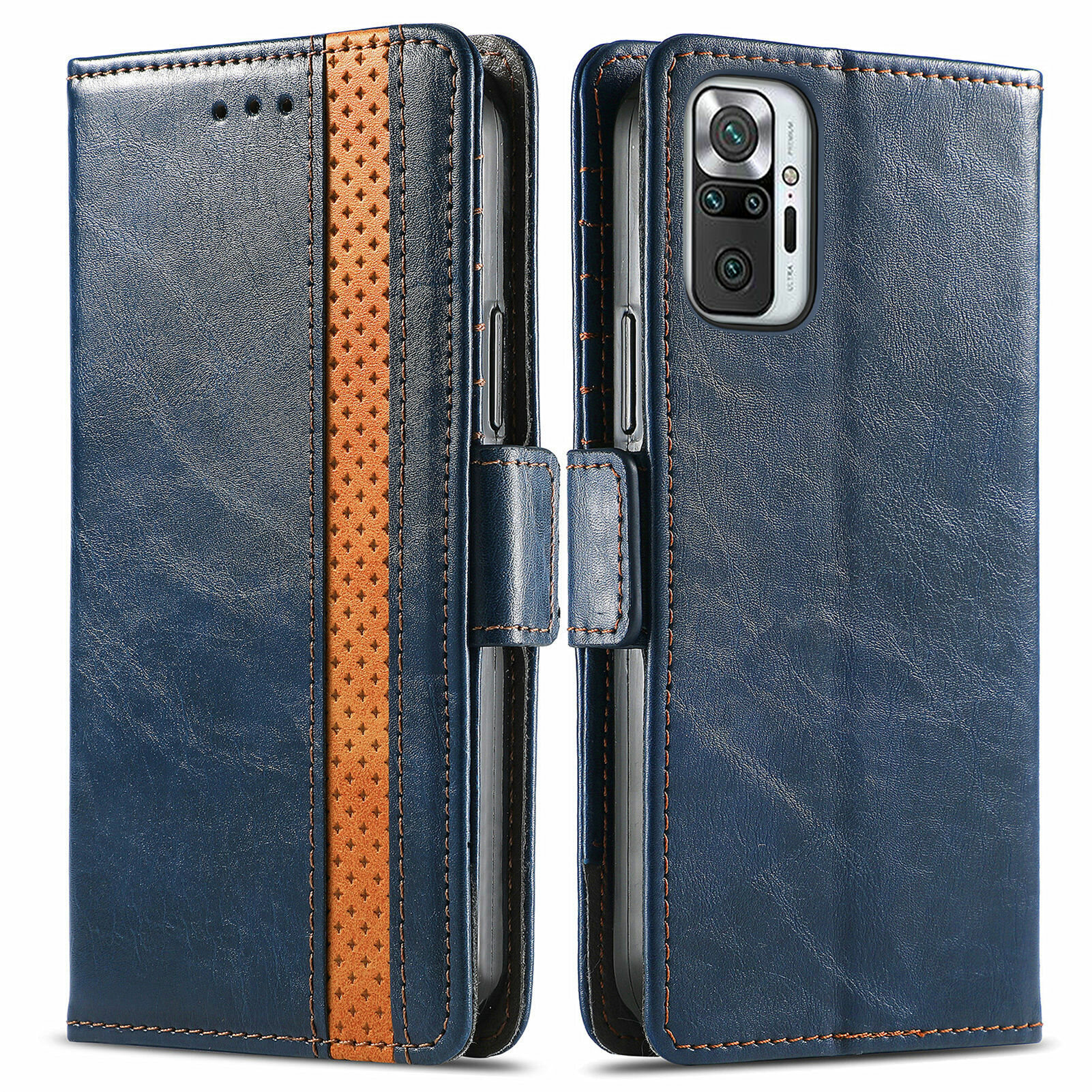 Чехол-книжка из кожи с мульти-подставкой и визитницей для Xiaomi Redmi Note 11 Pro / Note 11 Pro Plus / Note 11E Pro синий — фото 1