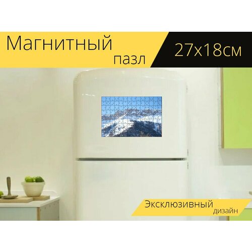 Магнитный пазл Снеговик, снег, кататься на лыжах на холодильник 27 x 18 см.